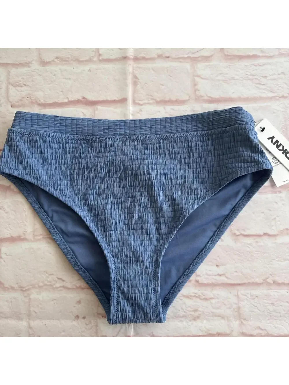 DKNY High Waist Blue Bell Textured Swim Bikini Bottoms Medium NWT UPF 40